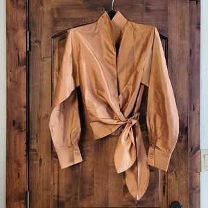 Brown silk tie waist shirt